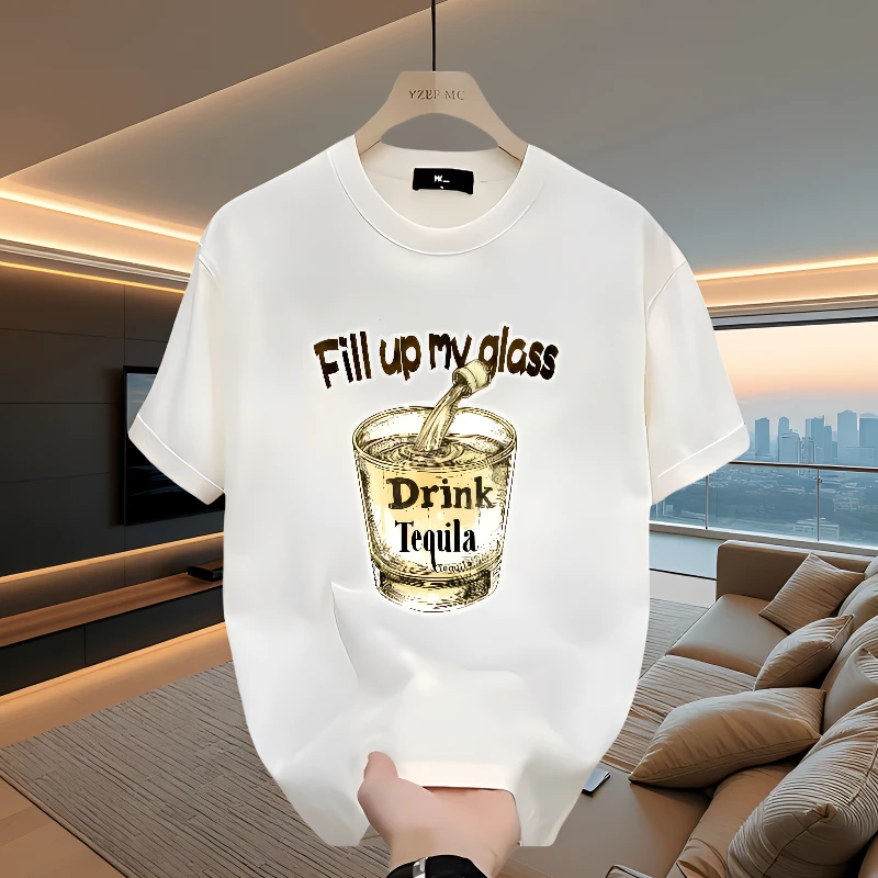 把酒倒满纯棉短袖t恤男2025新款潮牌男士圆领上衣轻奢ins印花T恤