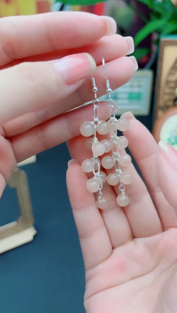 玛瑙/玉髓耳饰银S925镶嵌藕粉流苏