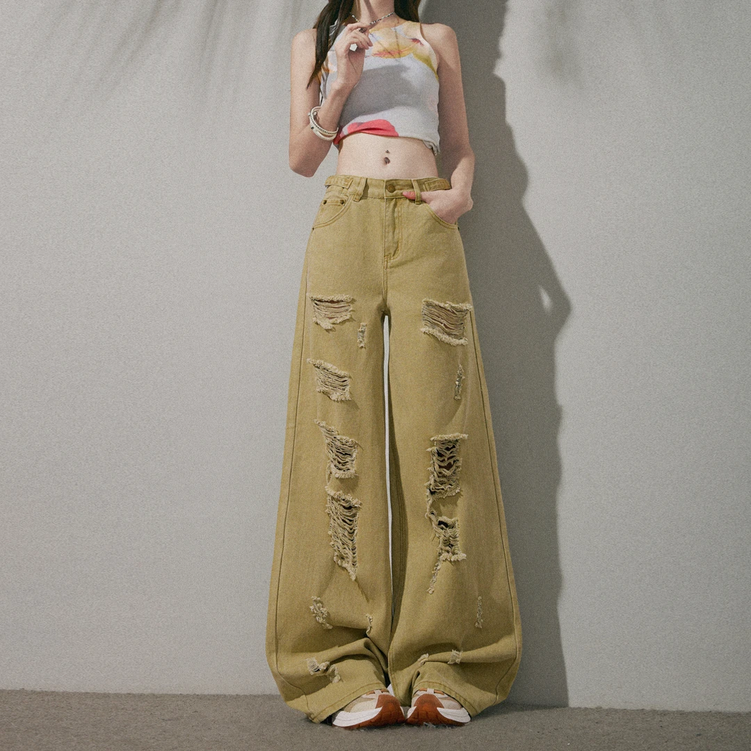 美式辣妹磨破设计感牛仔裤女2025夏季新款高腰宽松显瘦时尚拖地裤