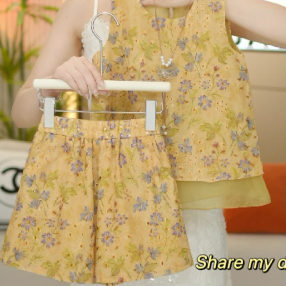 女童2025夏季新款韩版洋气碎花上衣+短裤两件套-6272