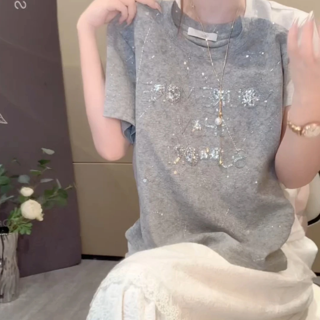 夏季新款灰色重工设计感字母短袖t恤烫钻减龄上衣女装