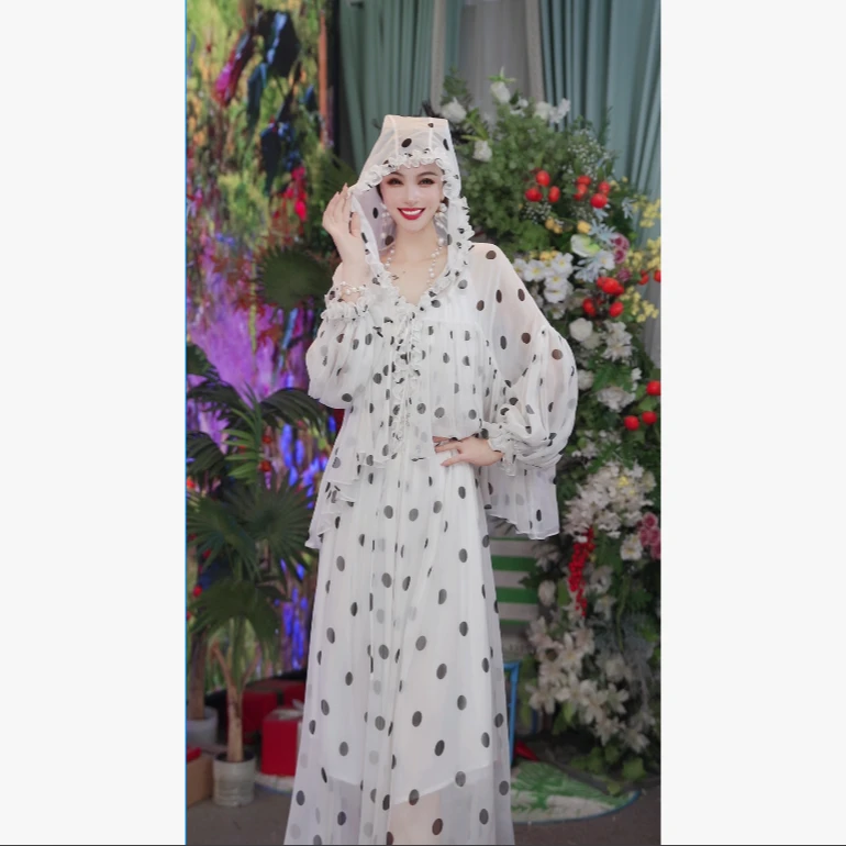 【黑白波点】夏季真丝宽松防晒连帽上衣吊带两件套连衣裙251D823