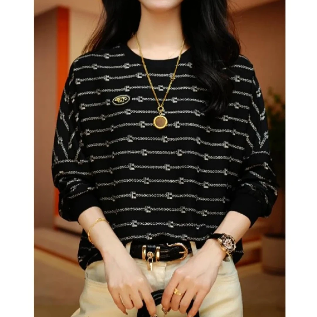2025春秋新款条纹打底衫长袖时尚百搭遮肉显瘦圆领气质打底女上衣