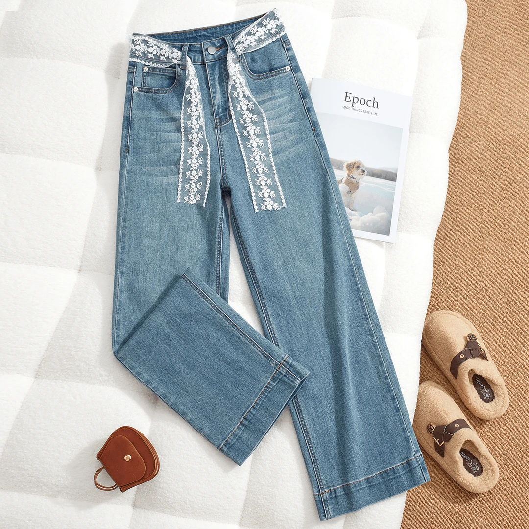 夏日穿搭薄款海蓝色高腰蕾丝百搭系带牛仔裤宽松直筒版型显瘦女款