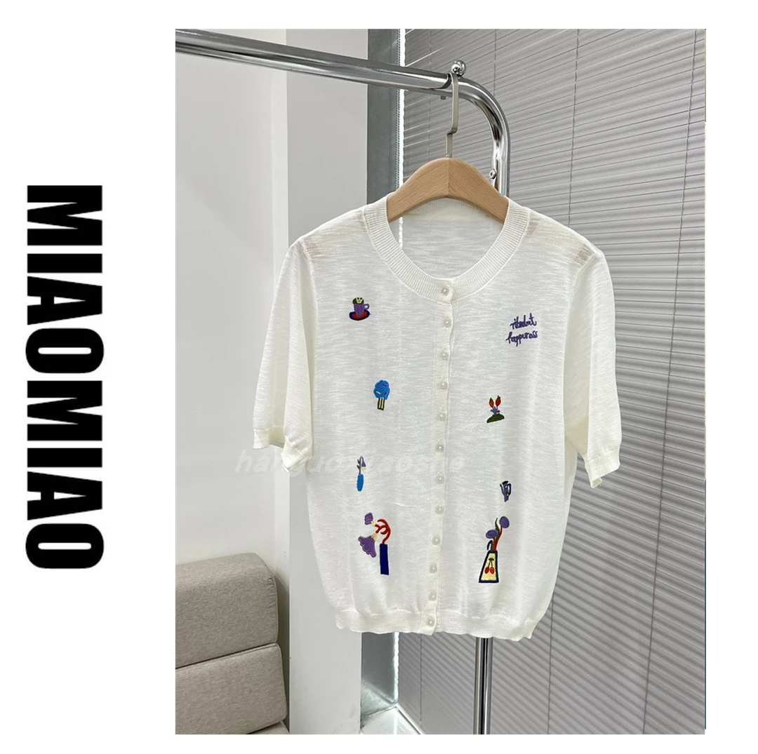 【苗苗】6602新款时尚圆领单排扣短袖刺绣花直筒针织开衫女上衣