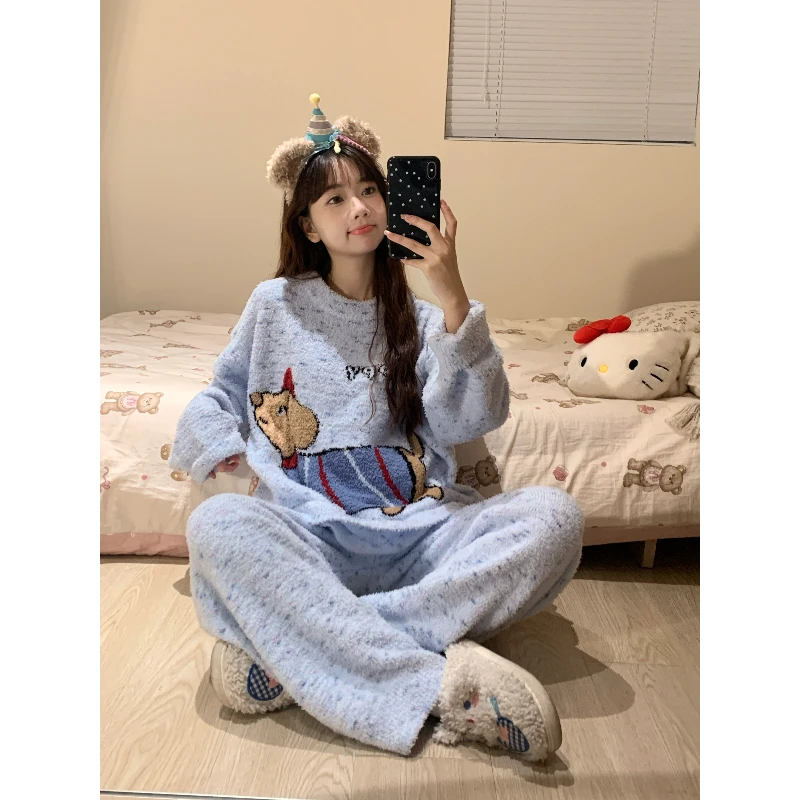 ins韩系半边绒睡衣女款冬天2024新款韩版少女甜美加绒针织家居服