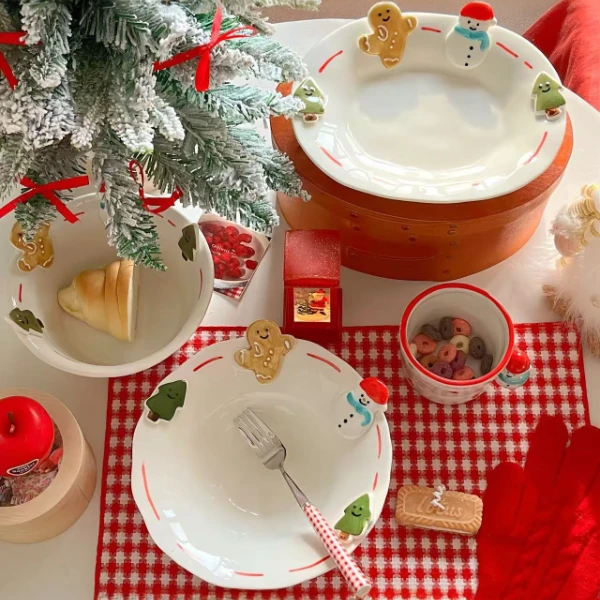 ins圣诞雪人套装餐盘泡面碗杯子女生礼物陶瓷盘釉下彩手工手绘
