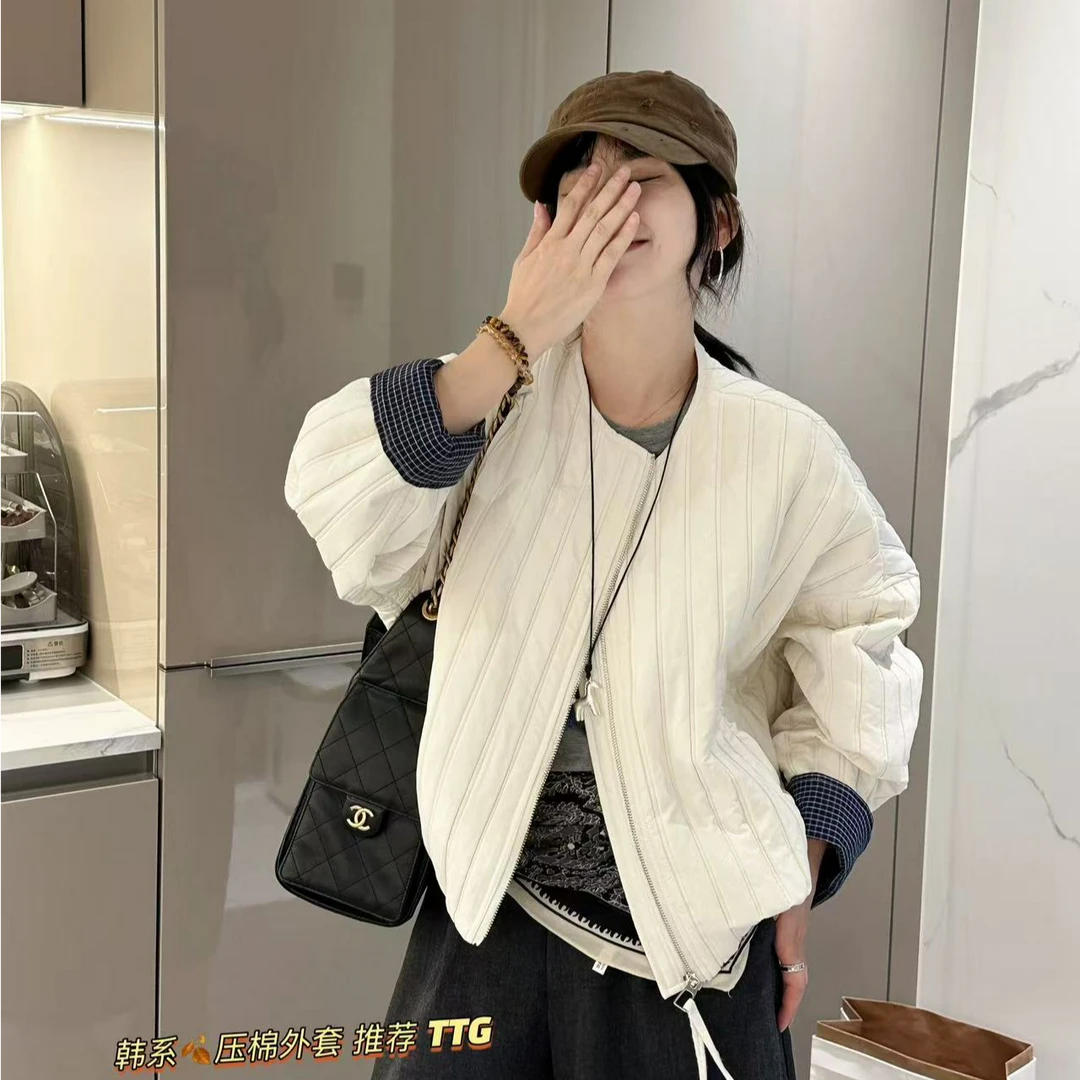 圆领格子拼接绗线棉服外套早冬季新款时尚百搭休闲女士