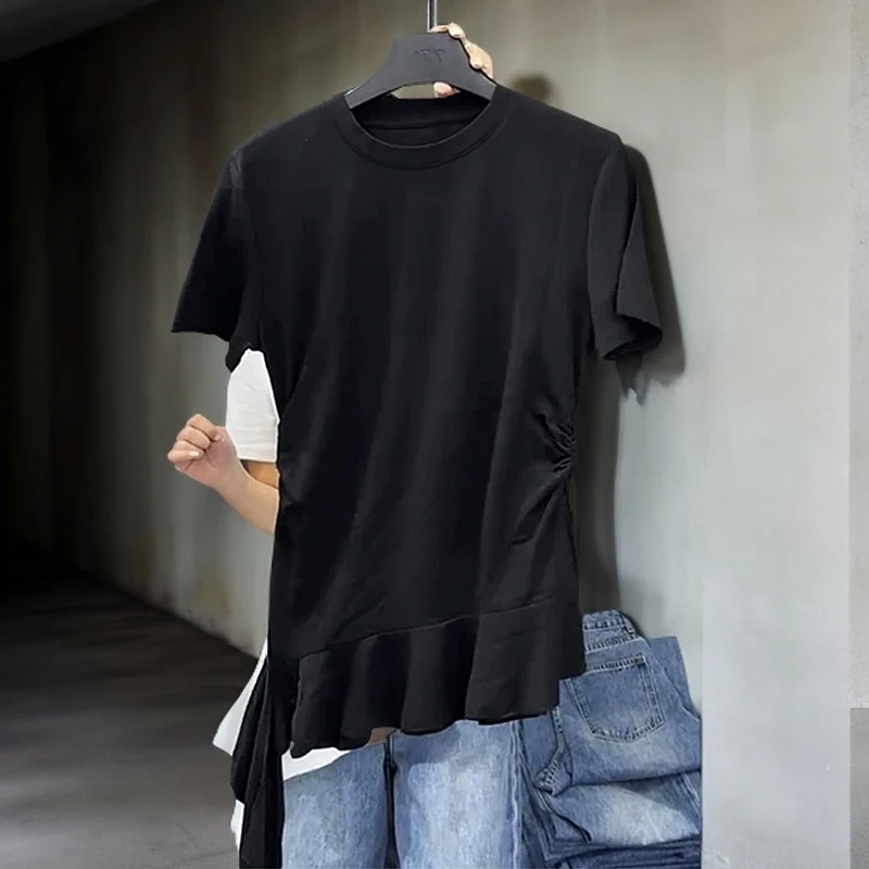 短袖时髦T恤女2025新款时尚遮屁股不规则荷叶边短袖洋气上衣潮