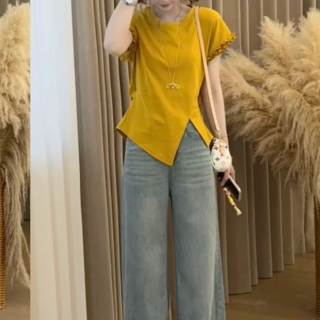 设计款时尚百搭不规则下摆休闲短袖T恤2025夏季新款圆领套头上衣