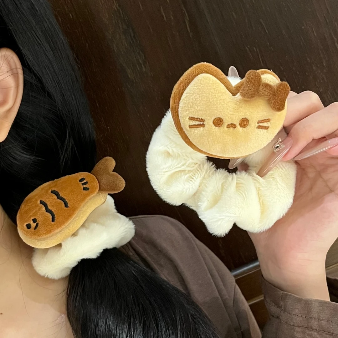 可爱咖色毛绒小猫鱼儿发圈甜美少女猫吃鱼扎头大肠圈超萌卡通发饰