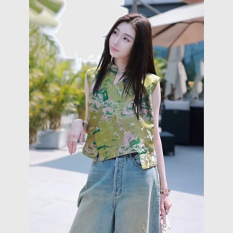 国风马甲女装2025新款夏季轻奢高级感独特漂亮新中式绿色提花马夹