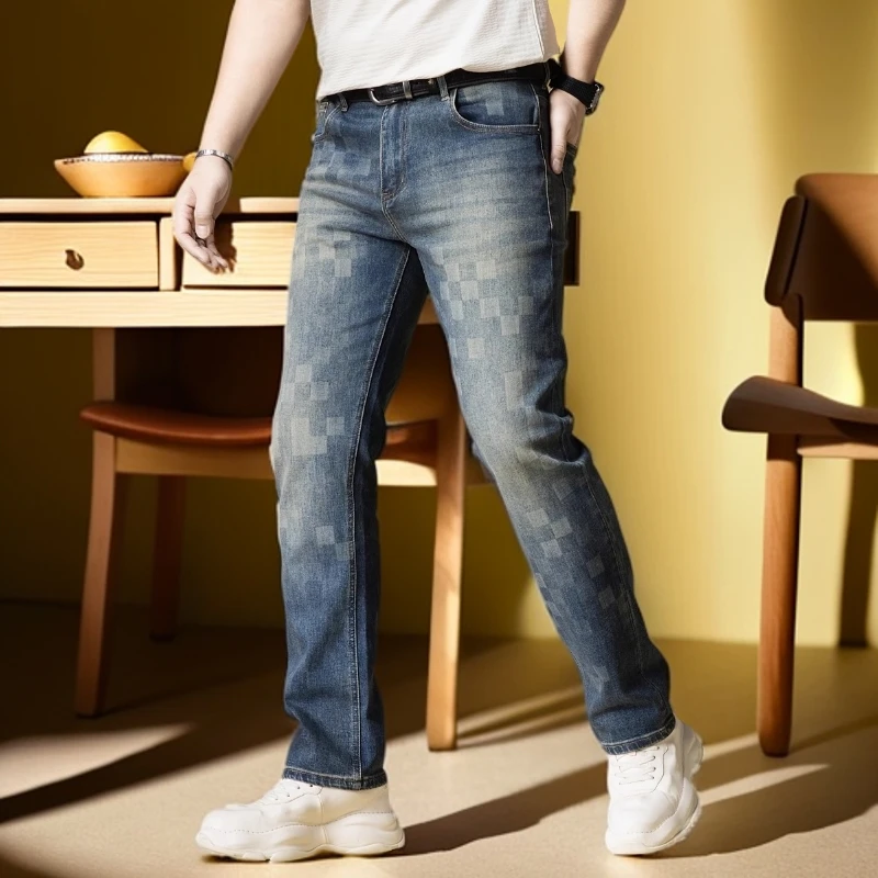 维斯克纳棋盘格牛仔裤男士宽松直筒长裤夏季新款高街美式裤子男款