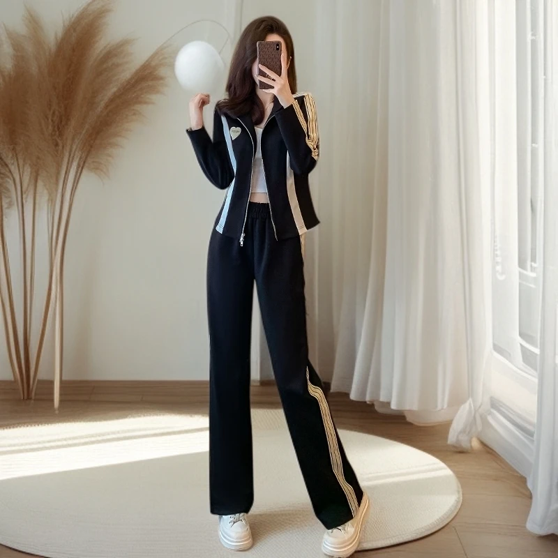 时尚套装裤女秋季2025年新款修身显瘦立领开衫长袖气质两件套