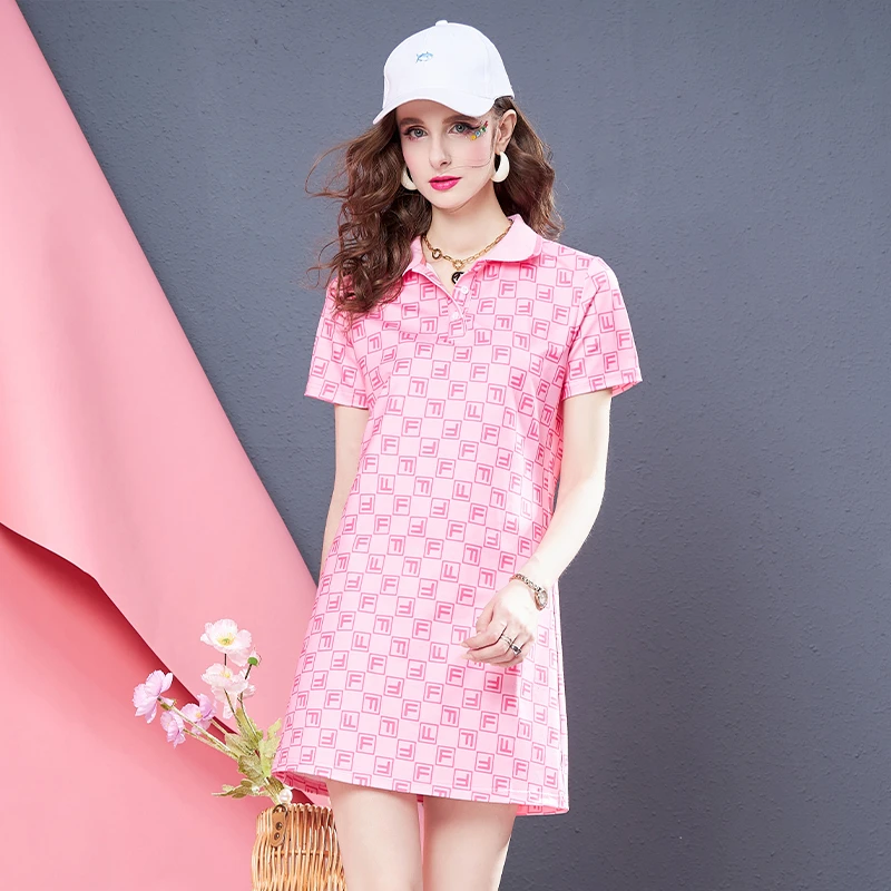 欧锦时尚潮牌字母印花粉色连衣裙女2025夏季新款高弹力运动polo裙