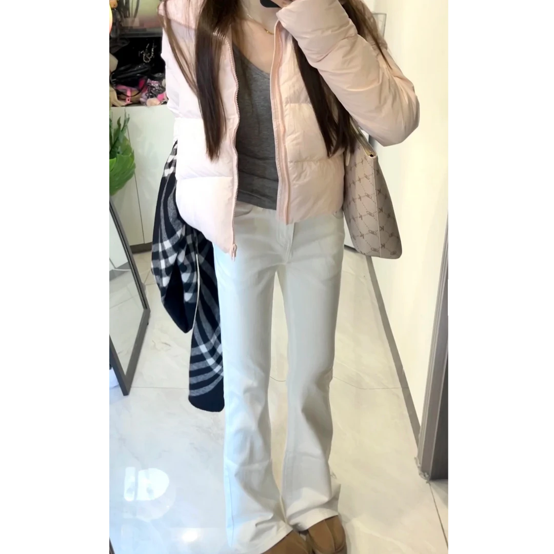 暮冬白色微喇小个子牛仔裤女显高显瘦好显腿长百搭高腰弹力马蹄裤