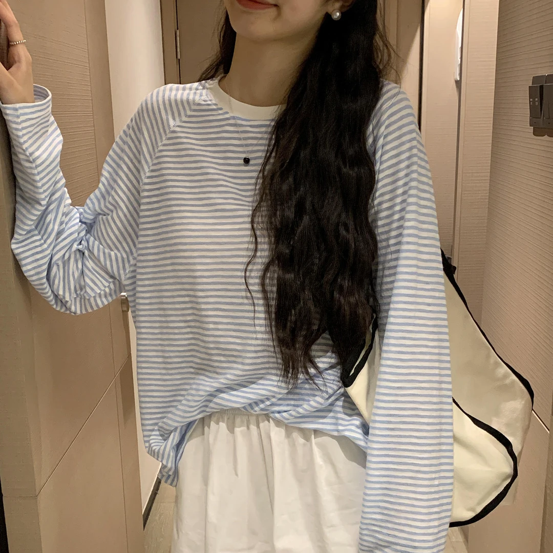 2025夏季条纹长袖防晒T恤女薄款细条纹多巴胺色清爽百搭宽松上衣