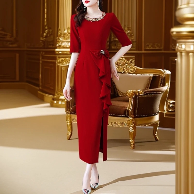 喜婆婆婚宴装晚礼服2025夏季新款时尚气质优雅高级感重工钉珠长裙