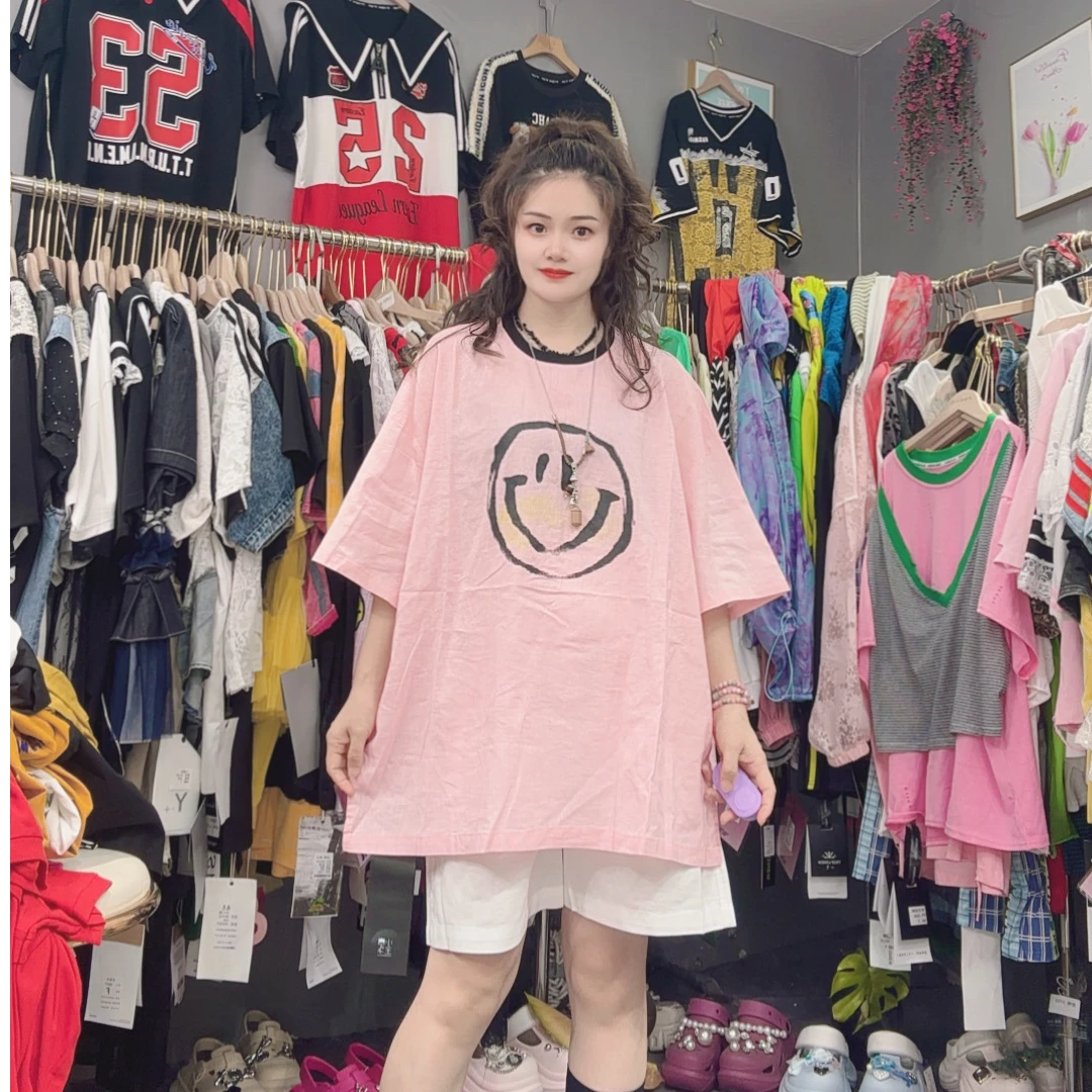 LY家90103#XW 笑脸印花麻料宽松百搭休闲T恤