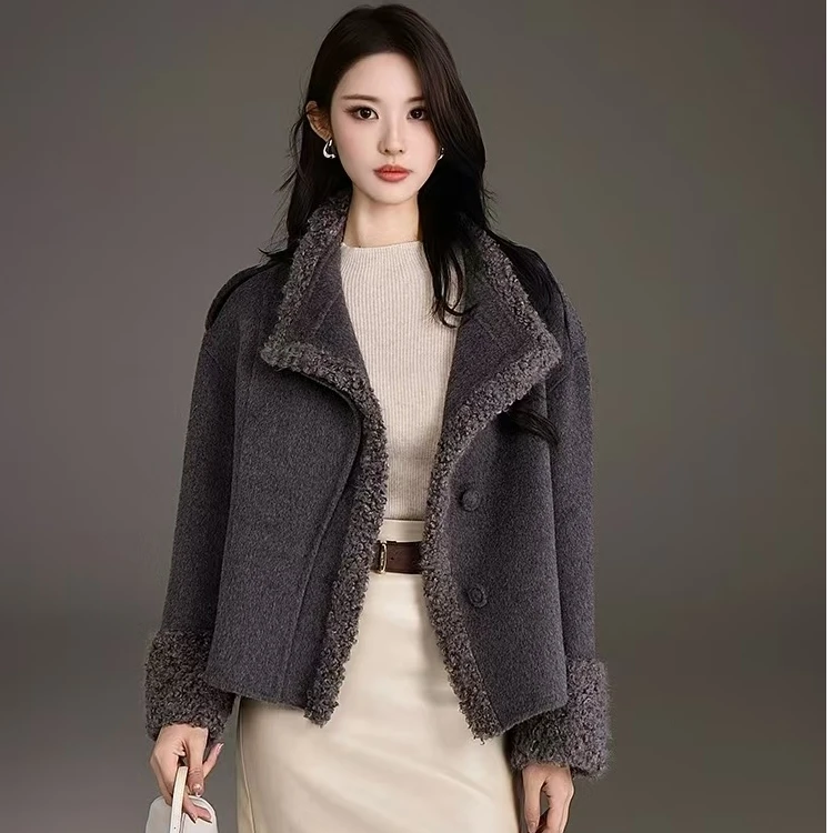 秋冬全羊毛外套女短款宽松显瘦翻领毛呢外套时尚百搭保暖597