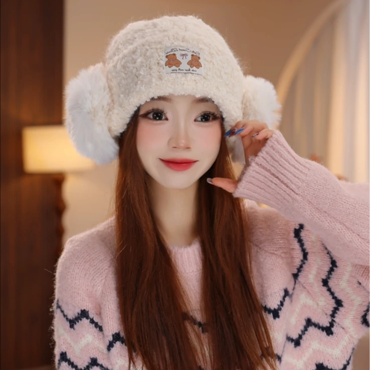 朵澜2025新款爆款耳包造型护耳毛线帽女氛围感保暖滑雪防寒针织帽
