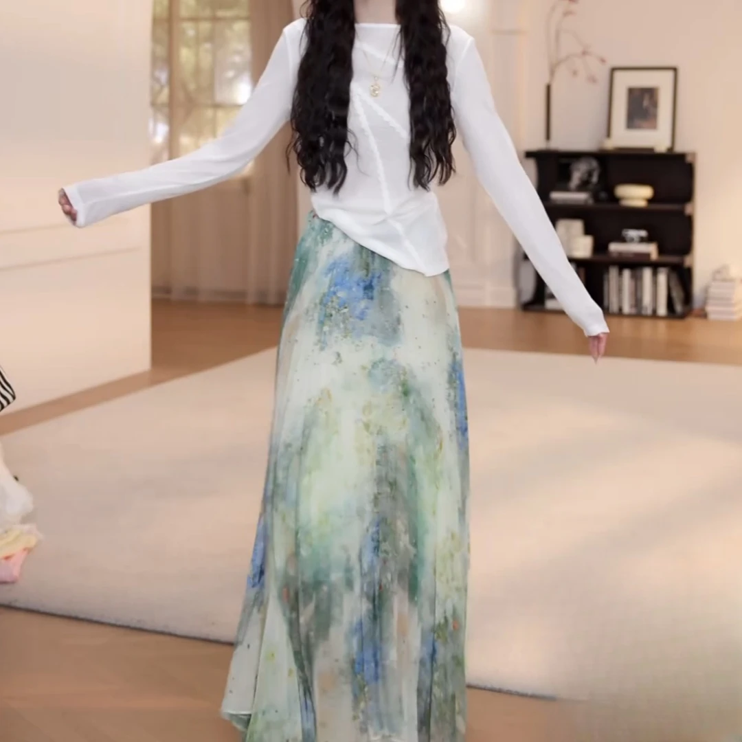 夏季新款纯色蕾丝花边长袖t恤+松紧腰头花色不规则半身裙