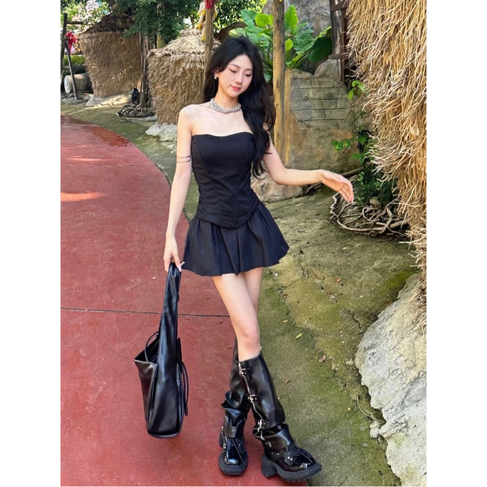 辣妹穿搭黑色一整套装女春季性感抹胸背心上衣高腰a字蓬蓬半身裙