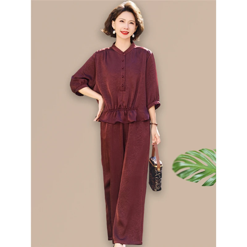 妈妈夏装喜婆婆婚宴套装中老年女夏季收腰短袖T恤上衣两件套大码