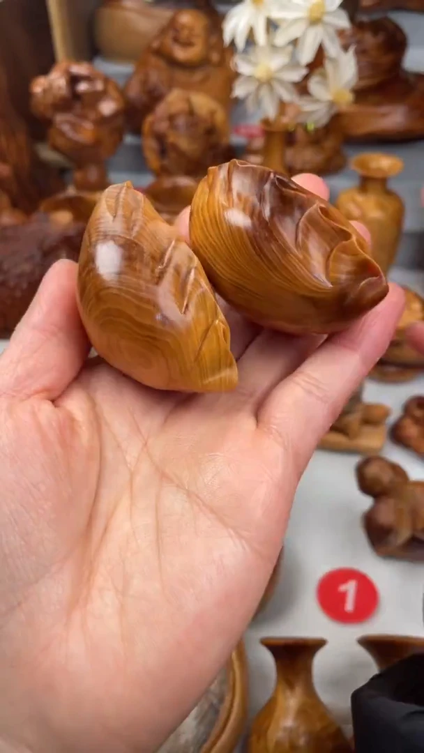 木太行崖精品 一对饺子 把件/雕刻件-有陈化裂-鉴赏期48小时