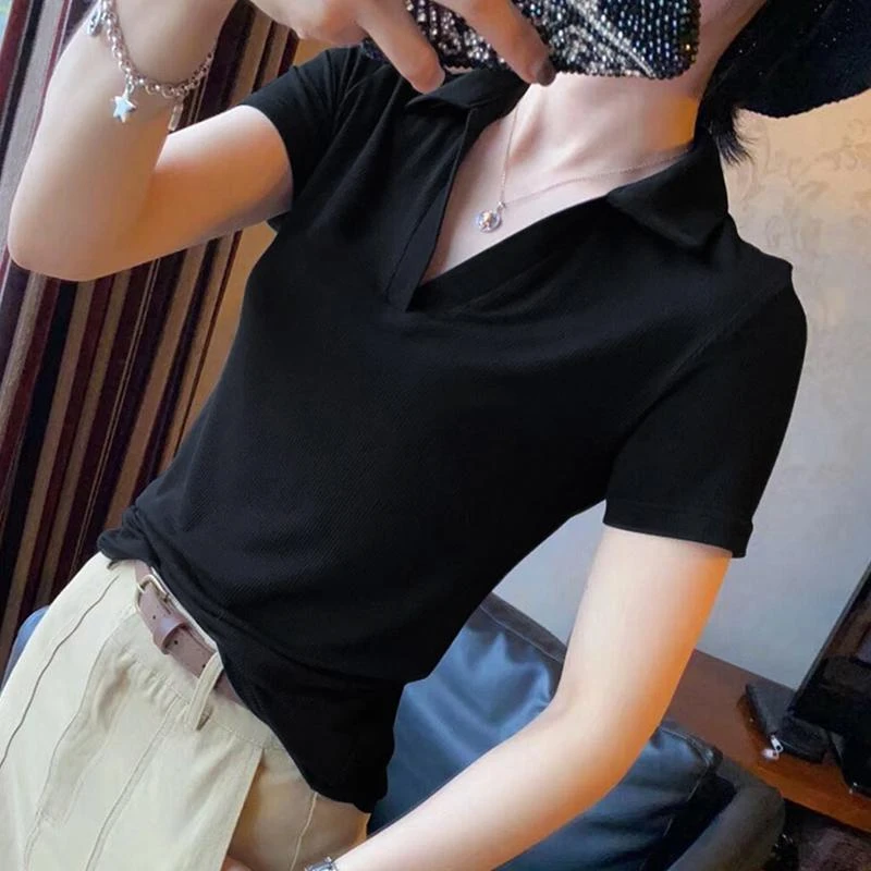 黑色polo短袖t恤女2025夏季新修身体恤遮肉显瘦百搭翻领百搭上衣