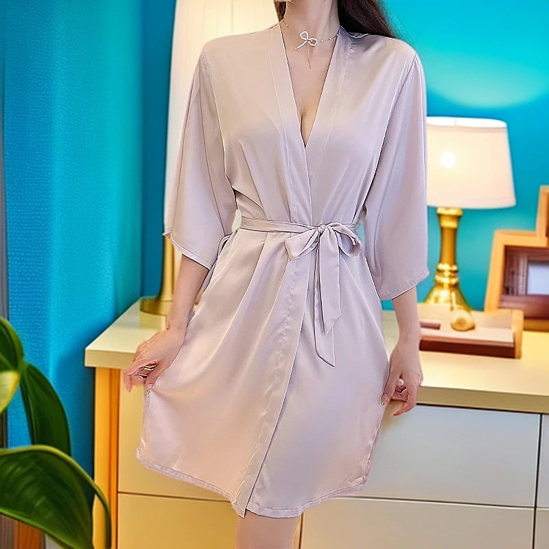 avua七分袖睡袍春夏新款宽松晨袍轻薄透气缎面雪纺纯色系带外袍