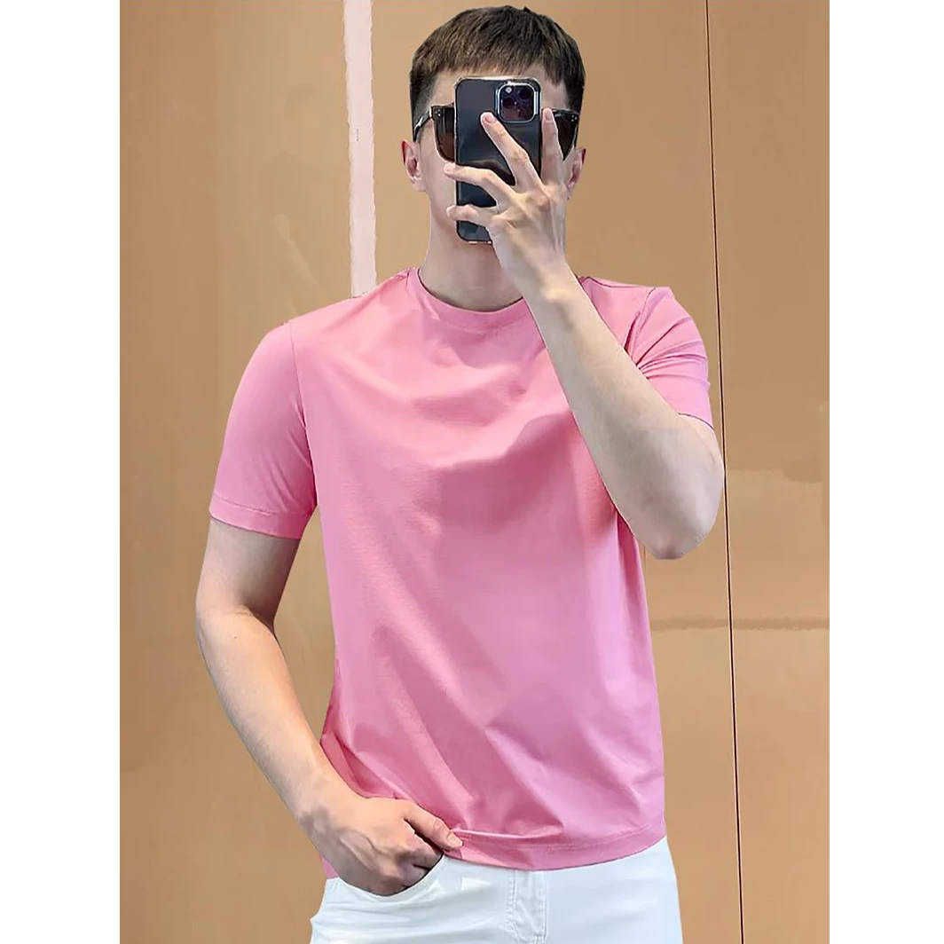 2025夏季纯棉新款男士短袖t恤圆领纯色修身百搭打底衫上衣服男装