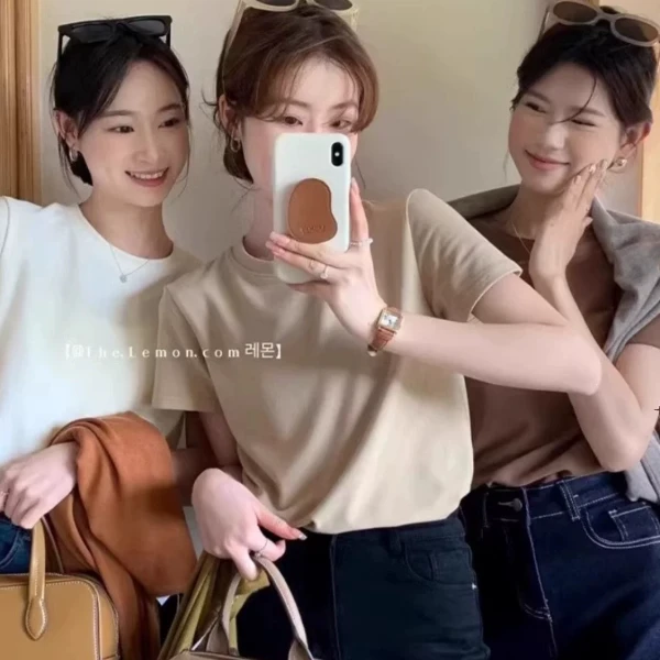 【年中大促】T恤女士夏季新款纯色半袖正肩独特漂亮超好看上衣棉