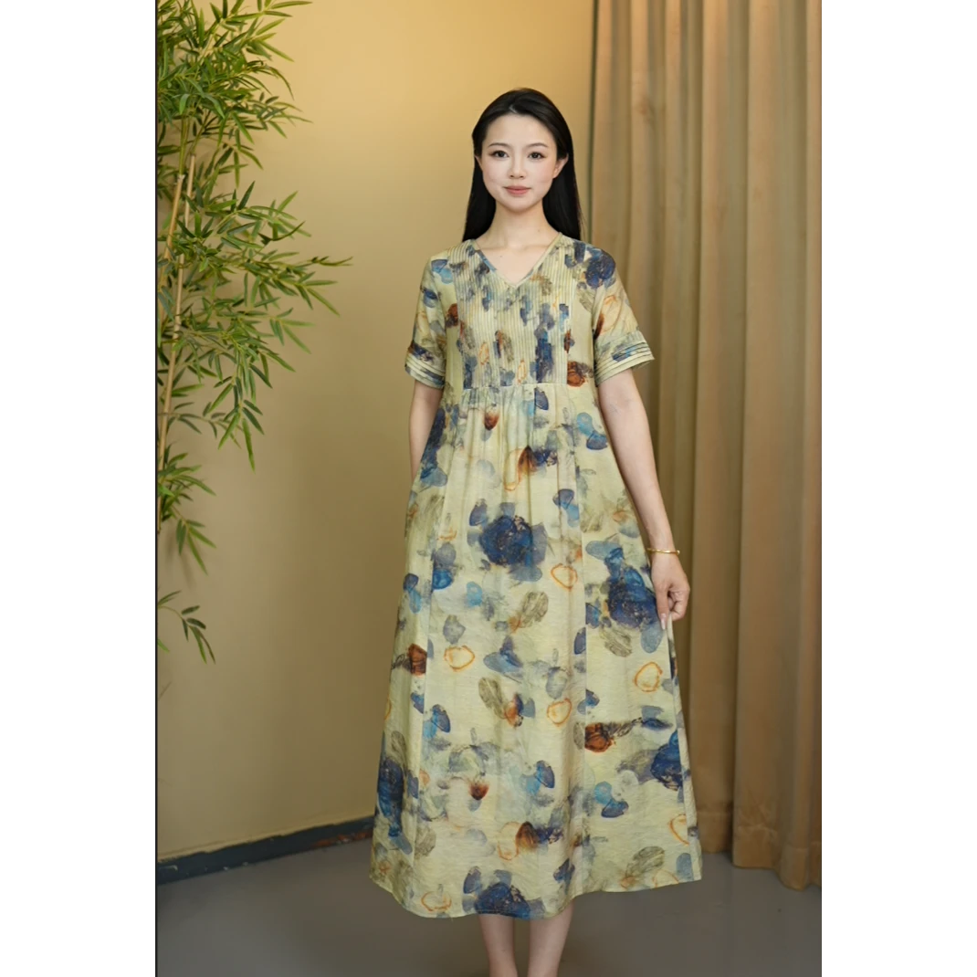 2509#高级感气质V领印花连衣裙女夏季新款宽松显瘦法式风琴褶裙子