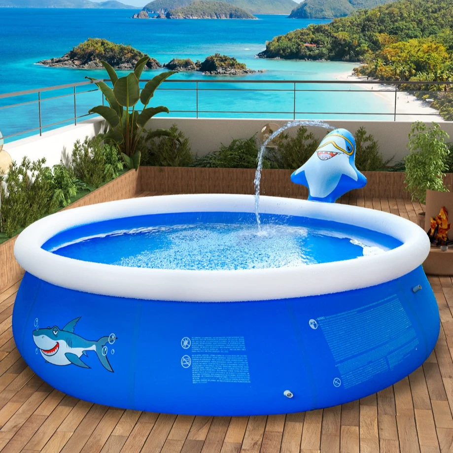 鲨鱼款3D喷水游泳池儿童充气游泳池成人超大泳池户外加厚圆形水池