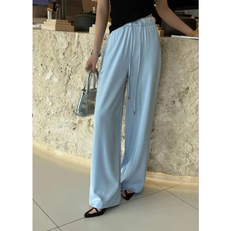 夏季新款醋酸花边松紧腰气质通勤女式休闲裤25DAK0644