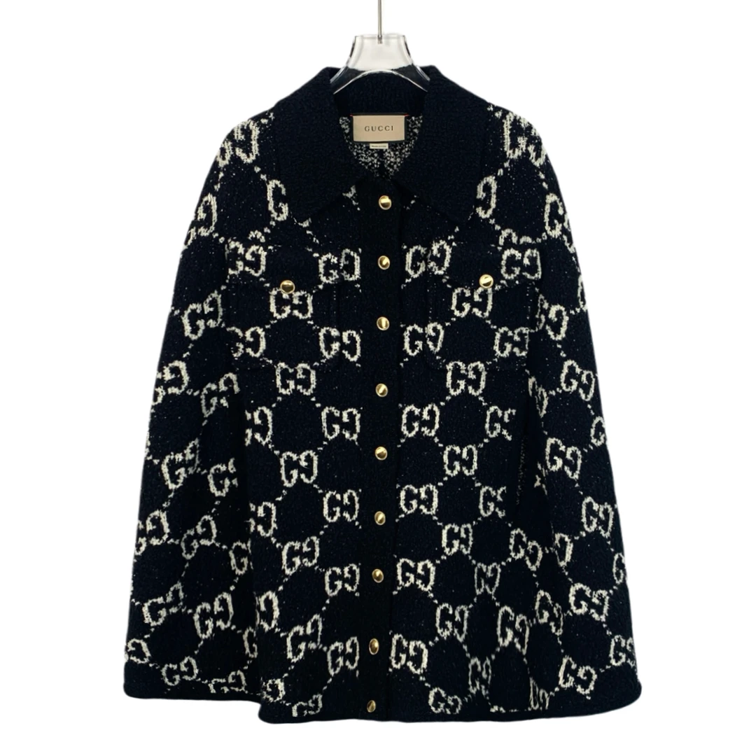 99新 GUCCI/古驰 Q13755 黑色满印棉质单排扣斗篷披风外套 XXS码
