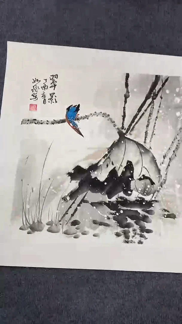 竖款精品斗方花鸟荷花，