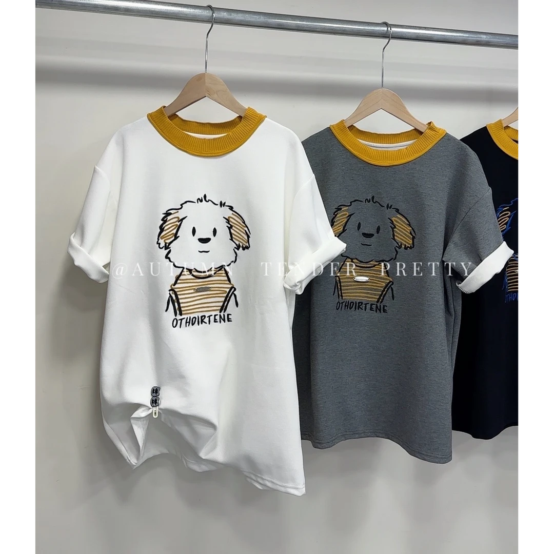 [子系女装]2025新款短袖重磅T恤女圆领卡通刺绣休闲韩系宽松显瘦
