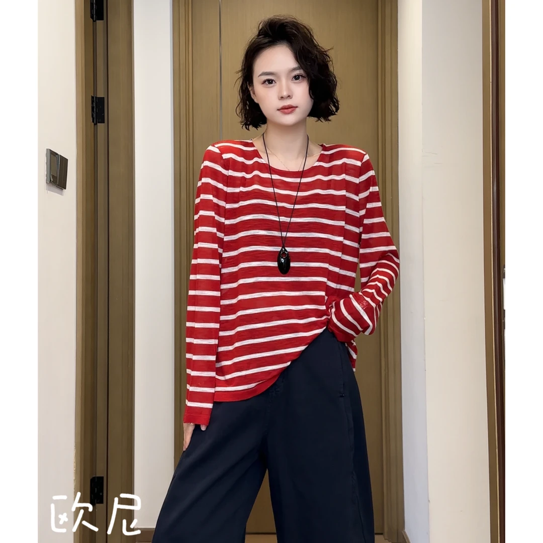 欧尼私服 2025夏设计感宽松时尚百搭条纹长袖T恤上衣2504C2337