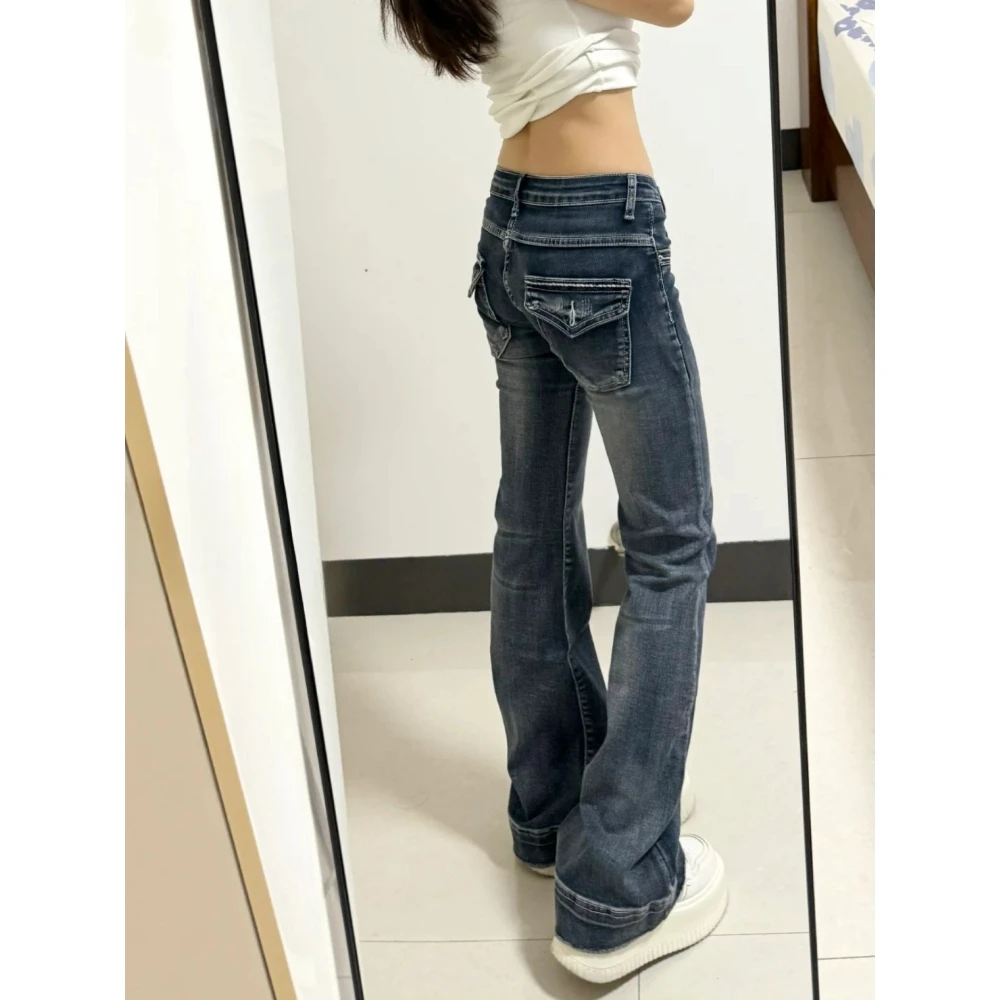 复古简约慵懒感拖地牛仔裤女2025新款辣妹显瘦显高低腰修身微喇裤