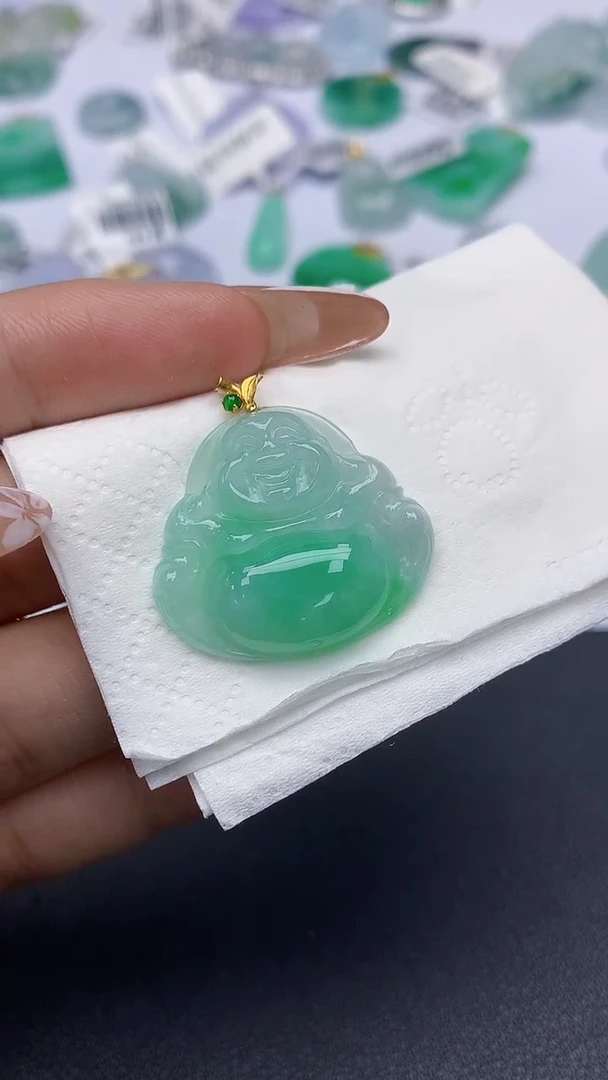 颈饰18K金镶嵌翡翠天然缅甸a货翡翠百元以上9元证书费自理