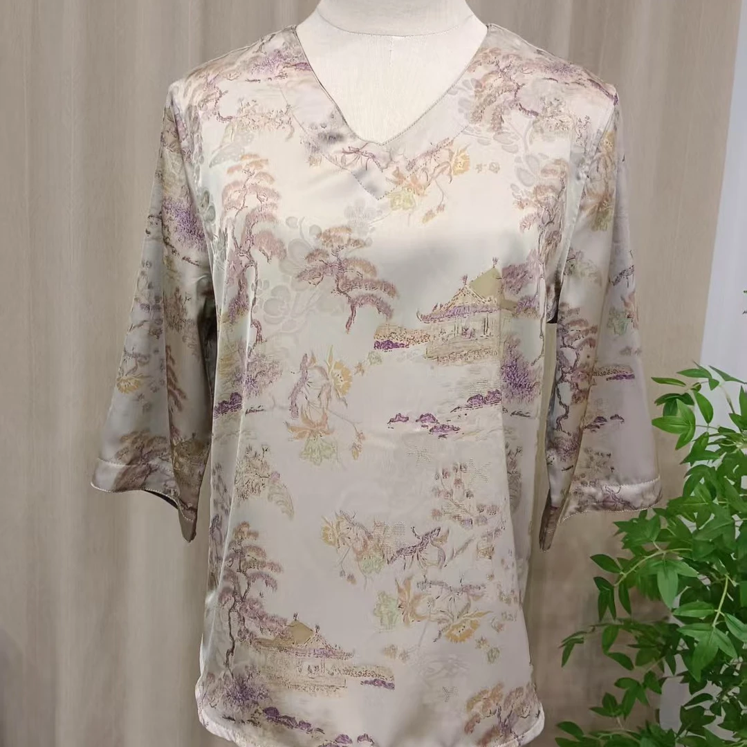 （8869）新中式缎面提花双面双穿V领小衫