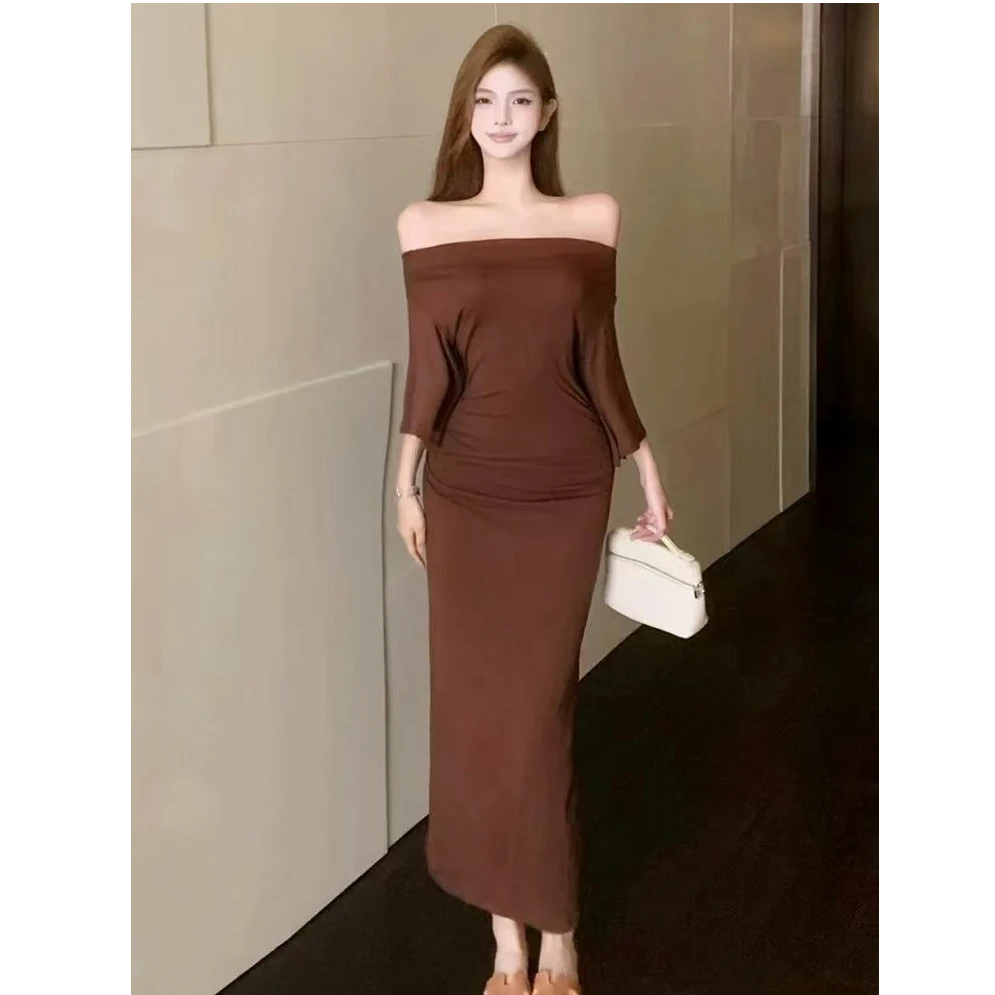 【现货】2025年夏季新款荷叶袖荡领设计显瘦连衣裙咖色氛围感裙子