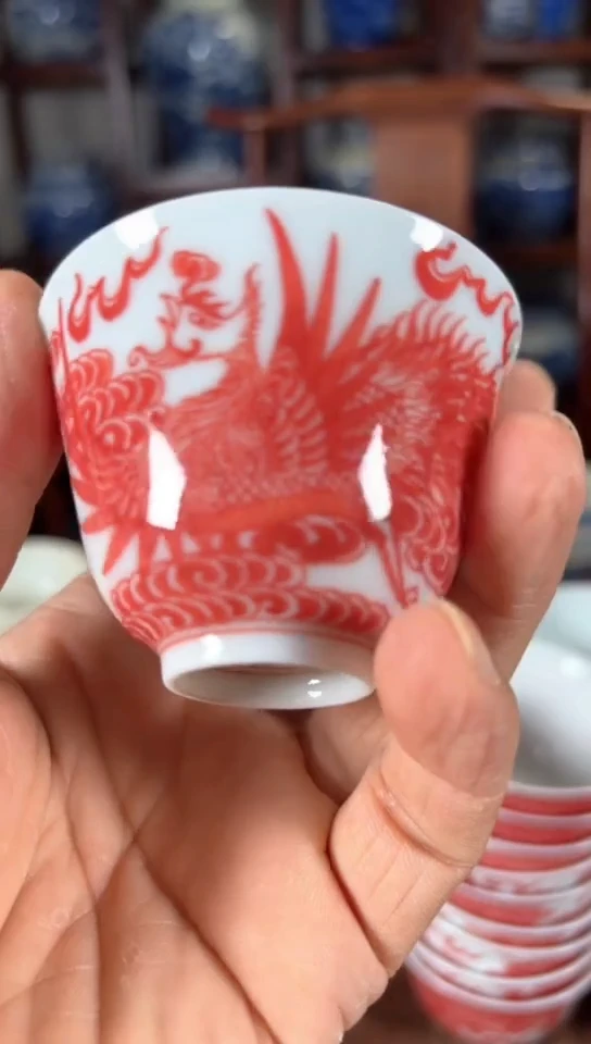 天*柴窑釉里红凤凰纹杯杯