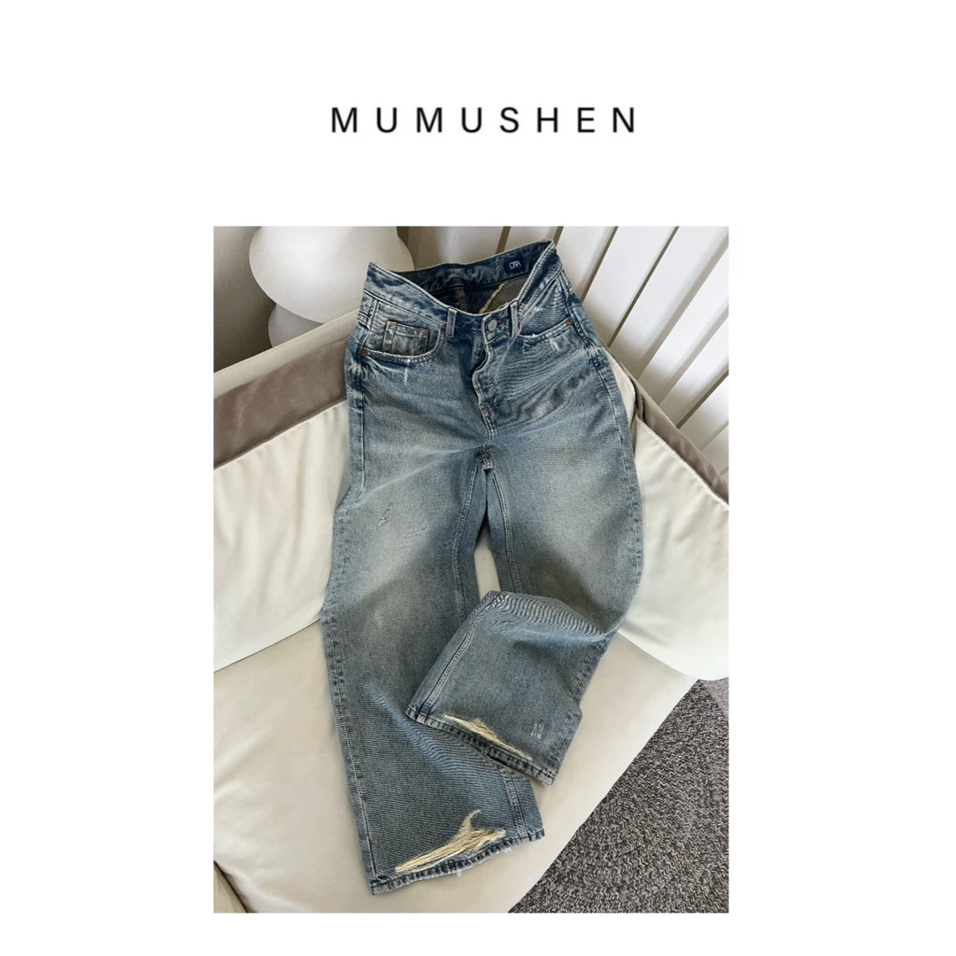 MUMUSHEN 怀旧复古高腰直筒阔腿洗水破洞大牛长裤 ORTA面料牛仔裤