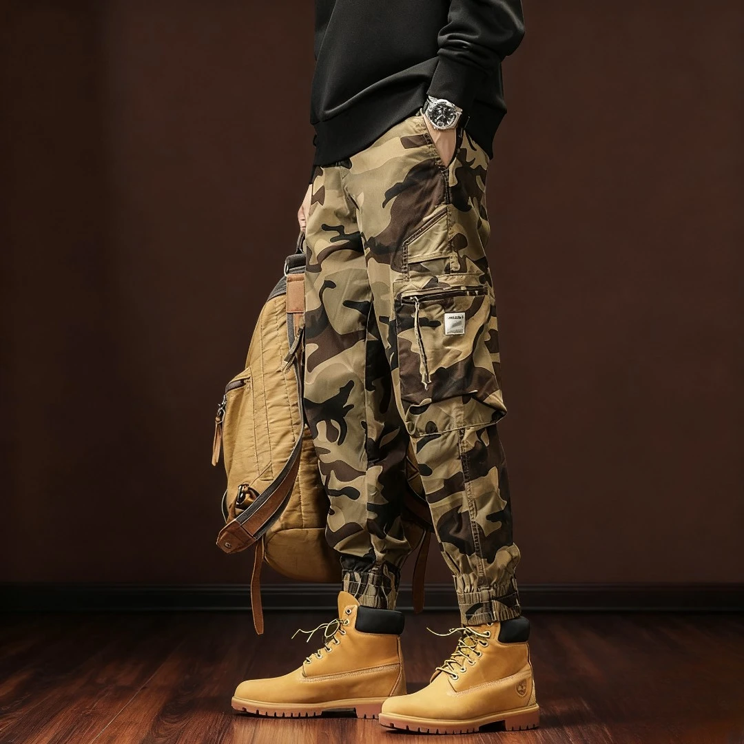 加绒美式迷彩休闲多袋宽松拉链束脚长裤子男秋季青年潮牌工装裤男