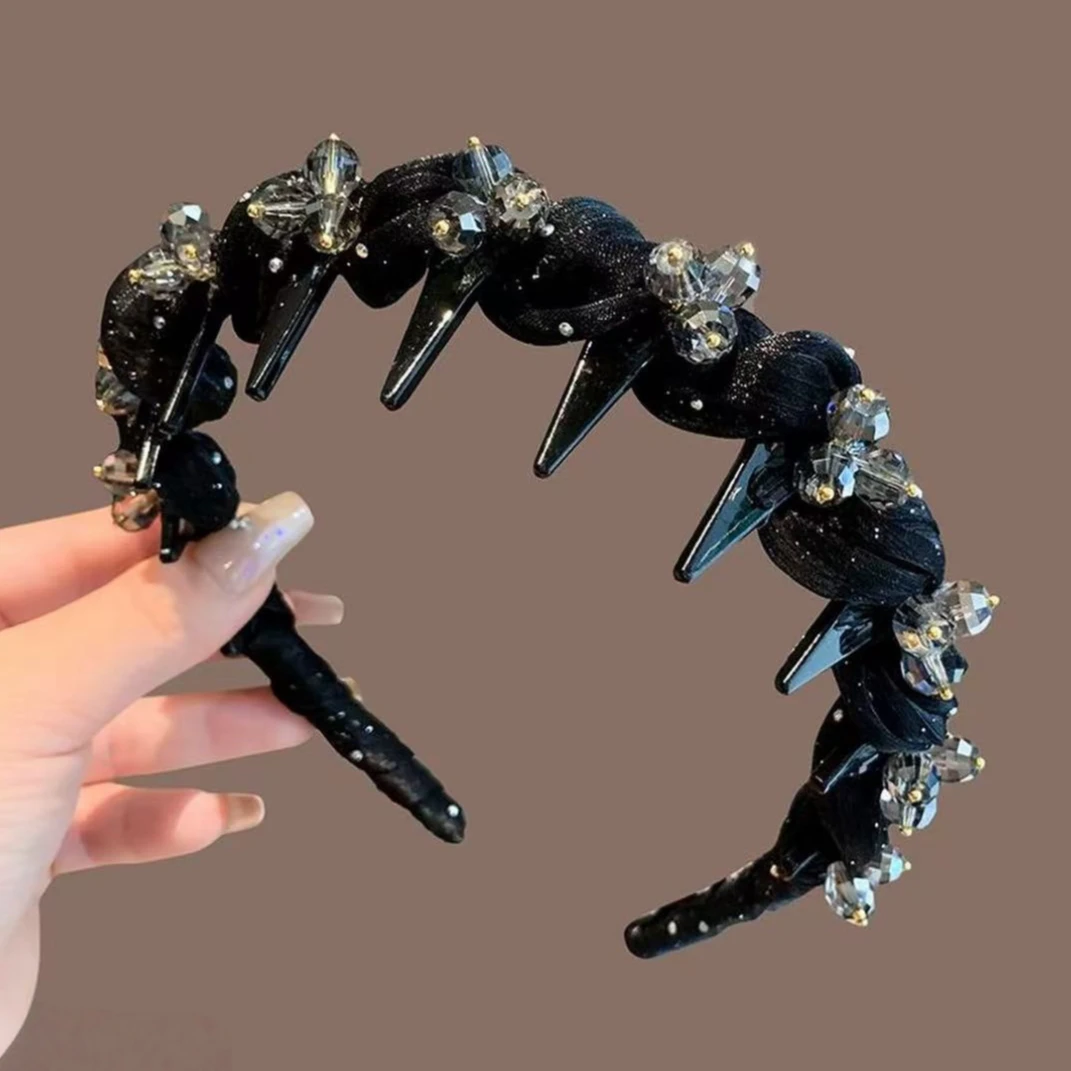 新品网纱水钻波浪发箍气质增高颅顶带防滑齿网红成人头箍发箍带齿