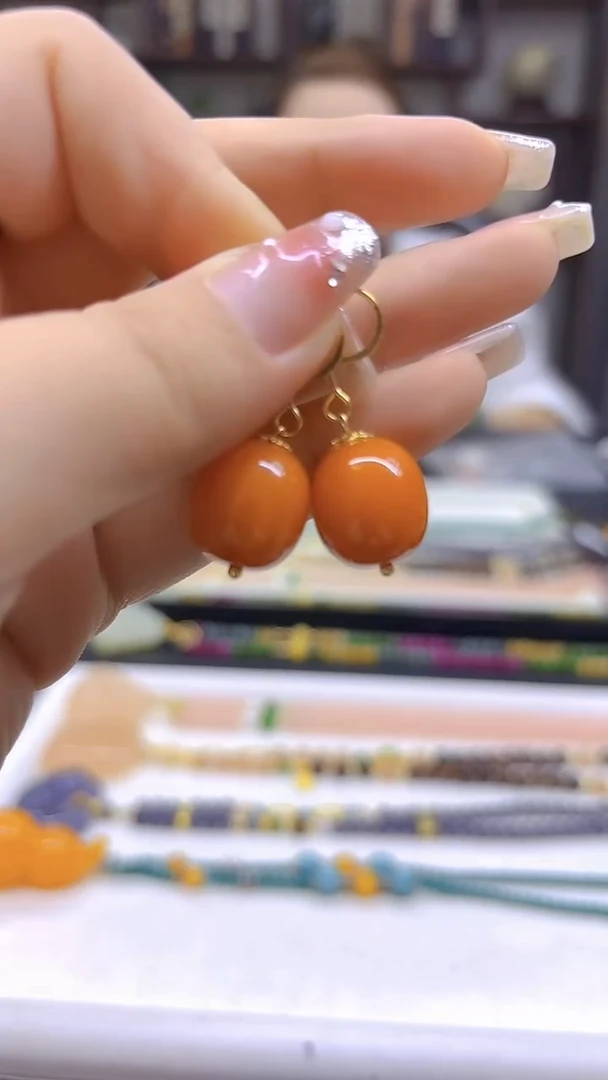 14K金镶嵌蜜蜡耳饰DIY款E72