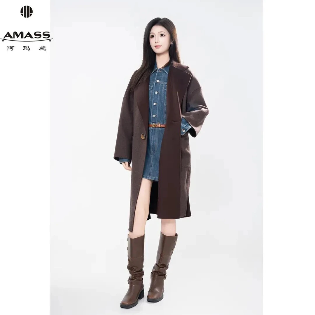 AMASS/阿玛施撞色双面呢风衣拼接设计师毛呢外套女中长款5400953